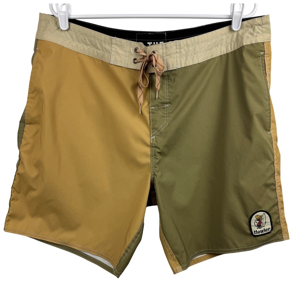 Howler Brothers Men 38 Board Shorts Colorblock Yellow Green Swim Trunks Stretch